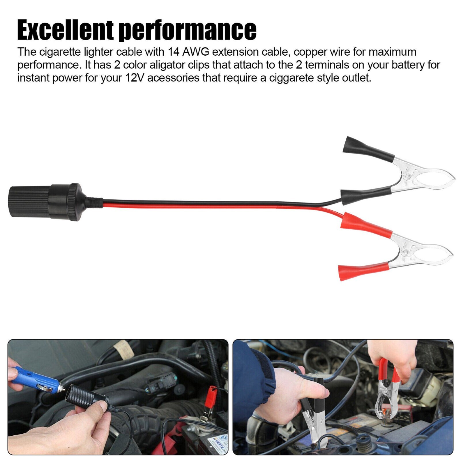 Car Battery Alligator Clamp Clip On Cigarette Lighter Power Adapter Socket 12V