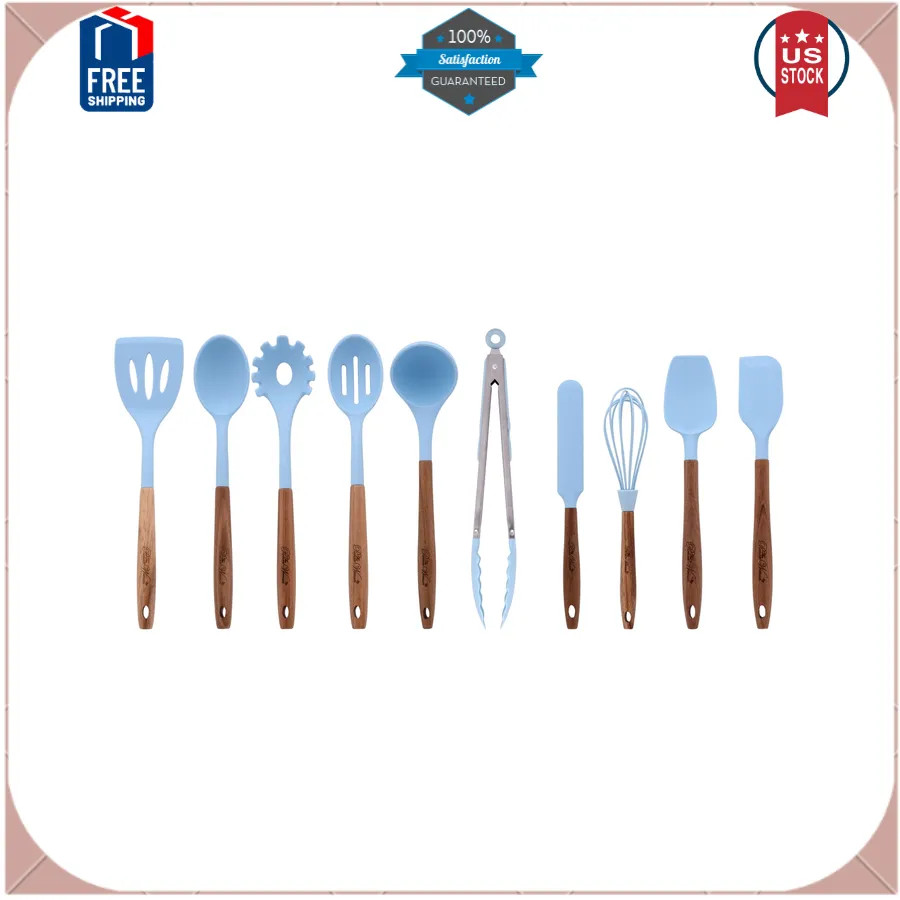 Pioneer Woman 10 Piece Silicone and Acacia Wood Cooking Utensil Set Blue