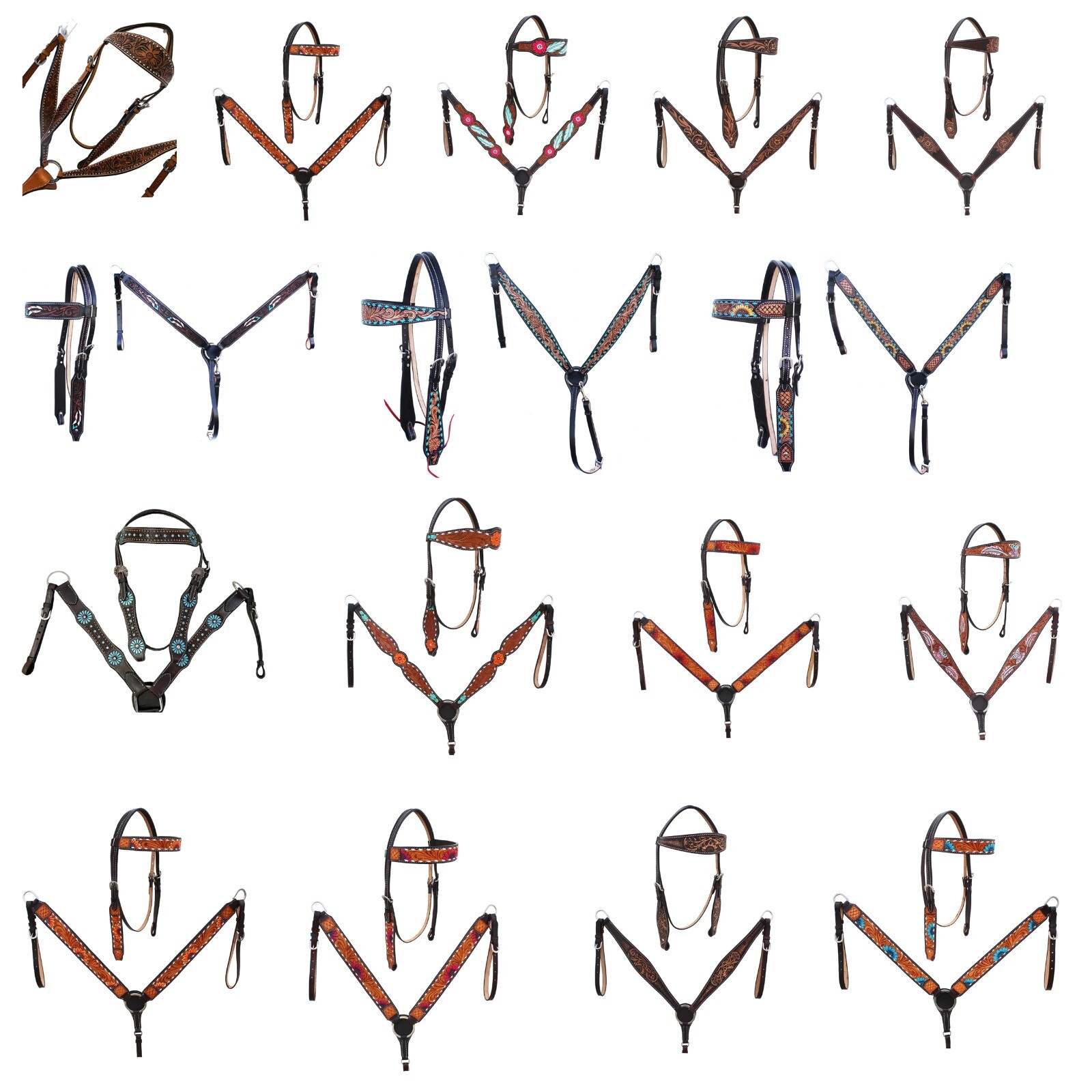 Hand Tooled Western Headstall Breast Collar Reins Leather Tack Set Full Cob Pony