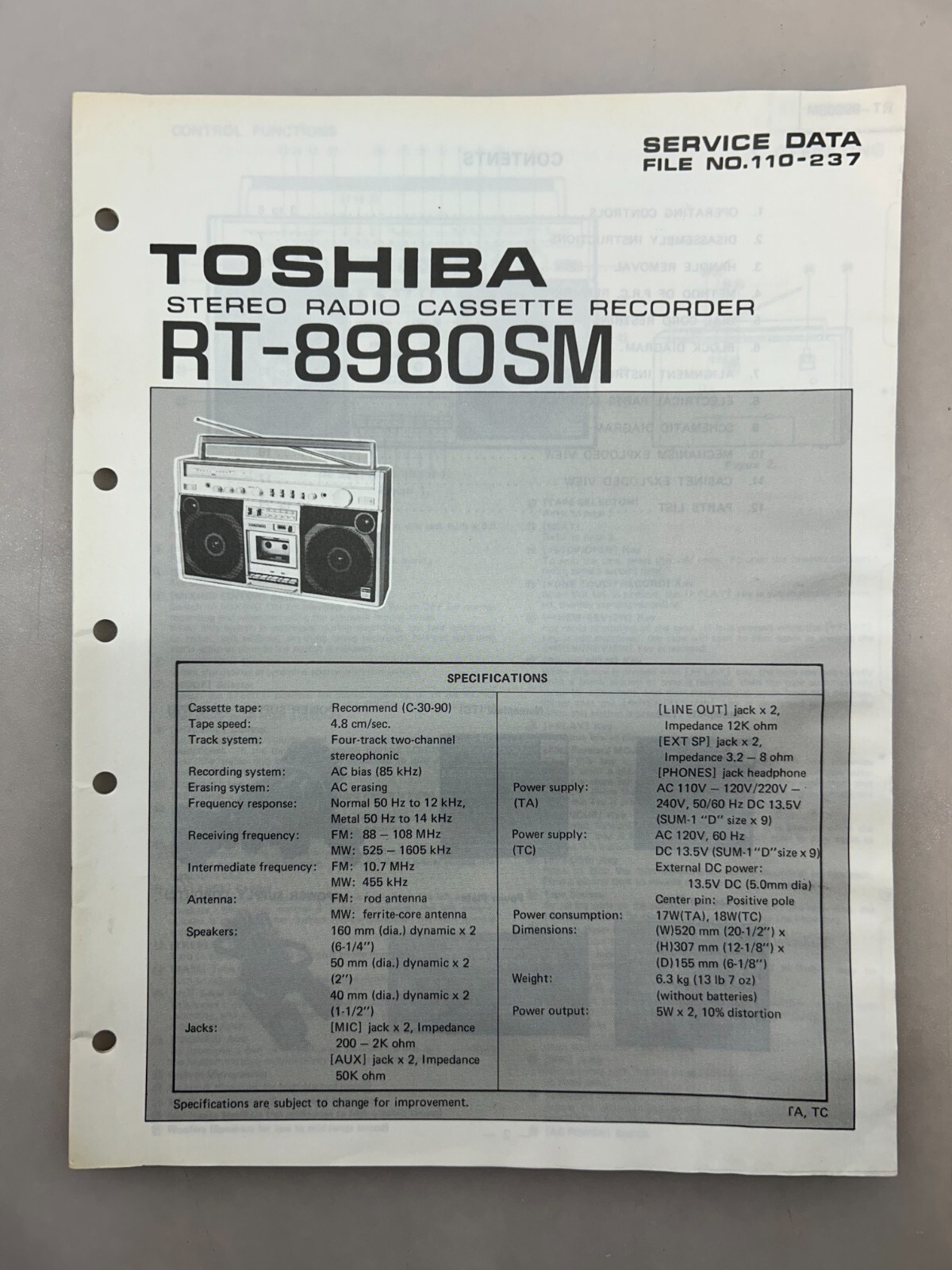 Toshiba RT-8980SM Original Service Manual Free Shipping