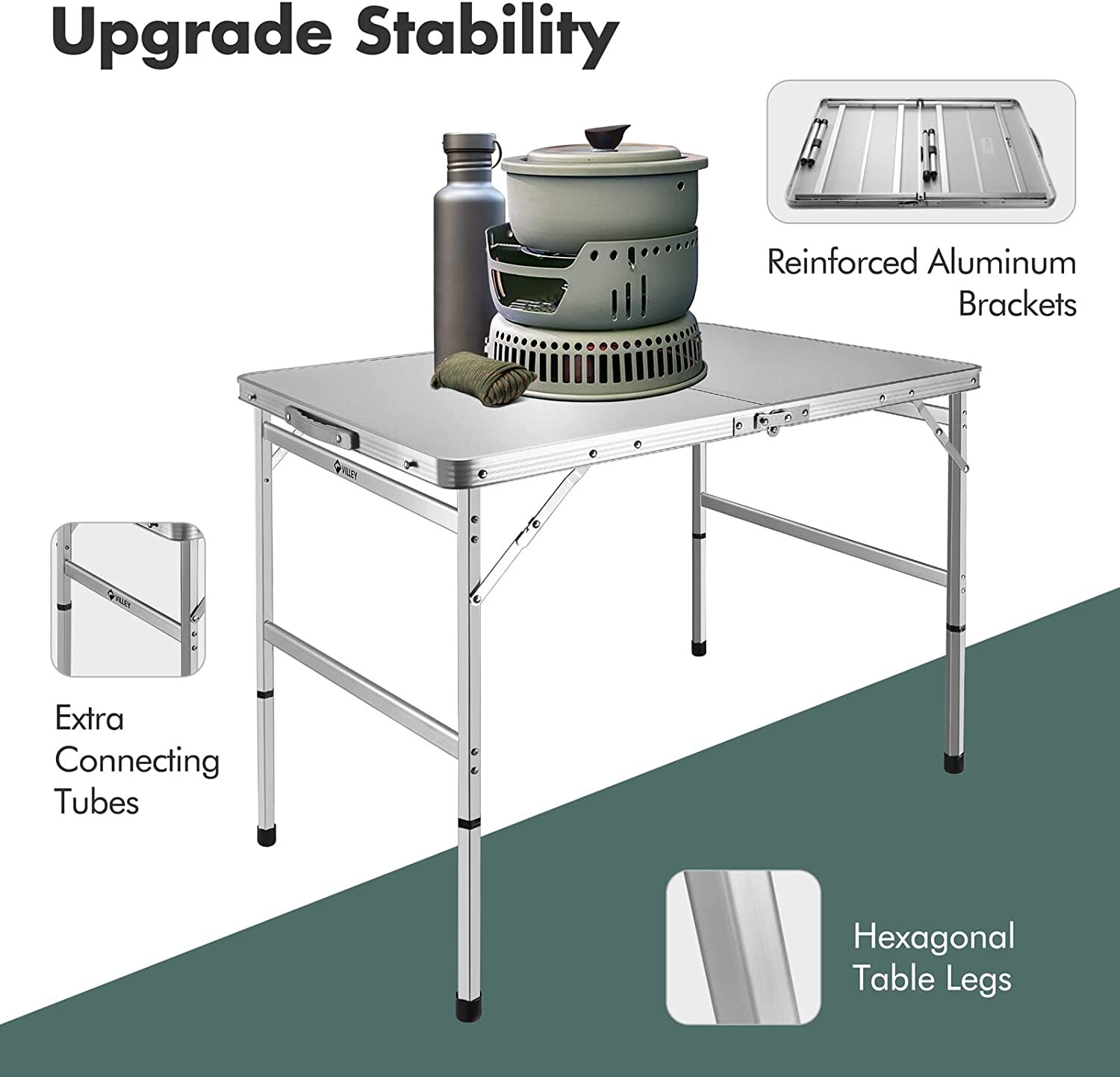 VILLEY Folding Camping Table Portable Outdoor Dining Table with Adjustable Legs