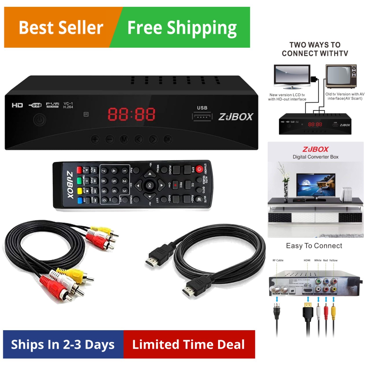 Digital TV Converter Box, ATSC Tv Tuner - for Analog HDTV Live 1080P with Rec...