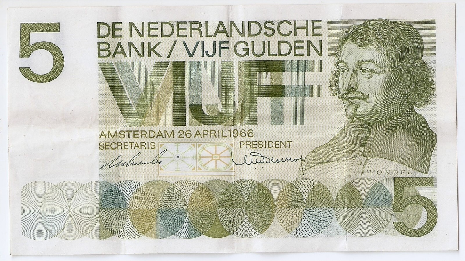 Netherlands 5  gulden 1966, Joost van den Vondel Hihg grade !!!