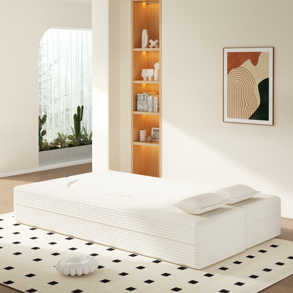 Twin Floor Sofa Bed w/Mattress, Corduroy Lounger & Pillows, Beige/White