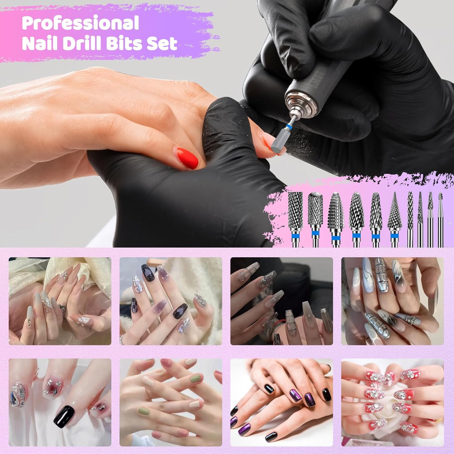 Nail Drill Bits Set: 10PCS Tungsten Carbide Nail Drill Bits for Acrylic Nails, 3