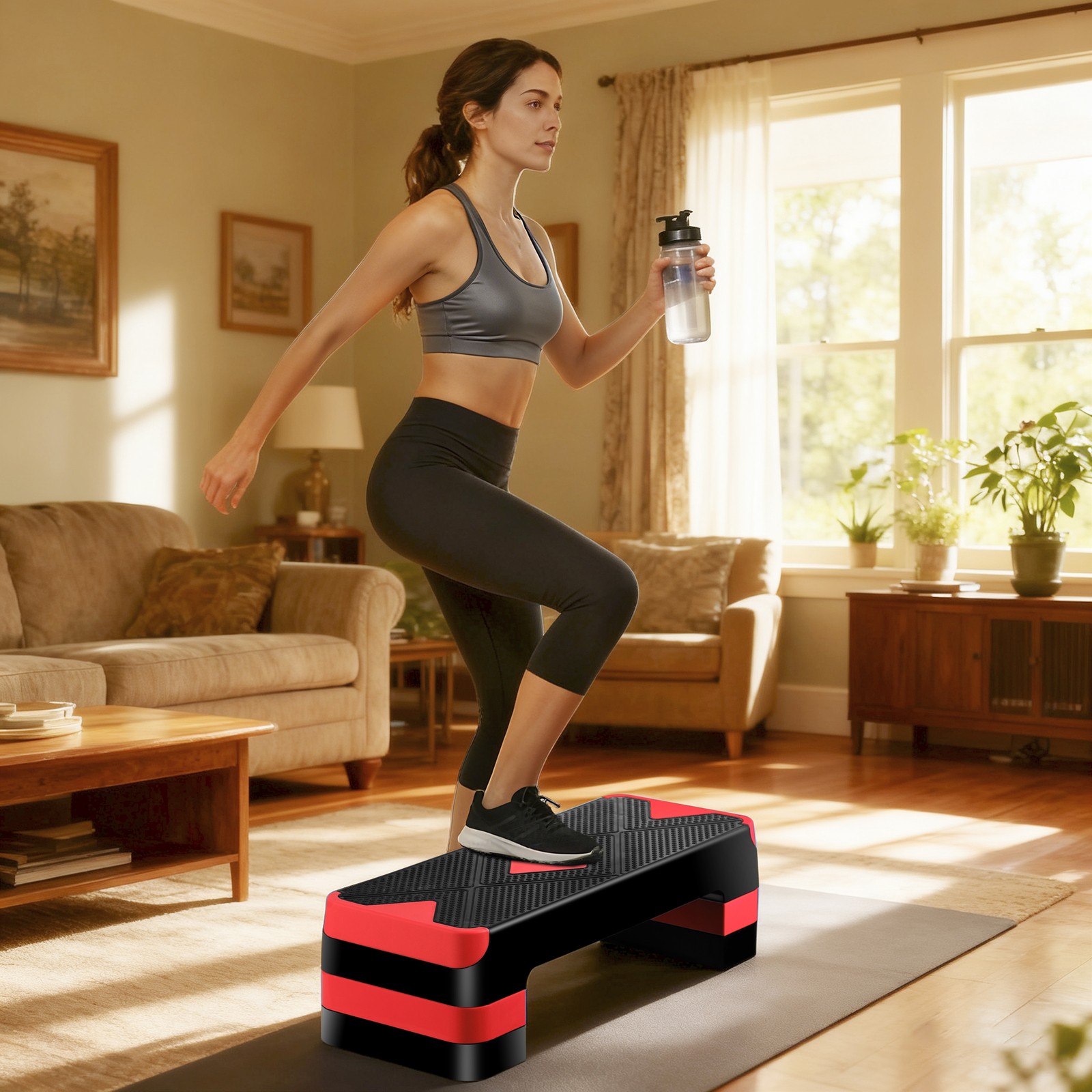 Adjustable Aerobic Stepper for Exercise 27" w/ 4''6''8'' Adjustable Risers Red