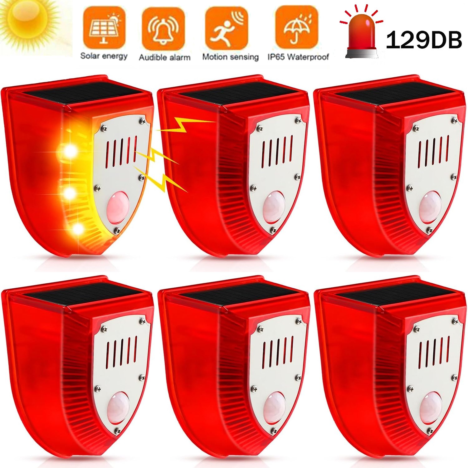 6pcs Solar Outdoor Motion Sensor Alarm 129db Barking Gunshot Sound Motion Sensor