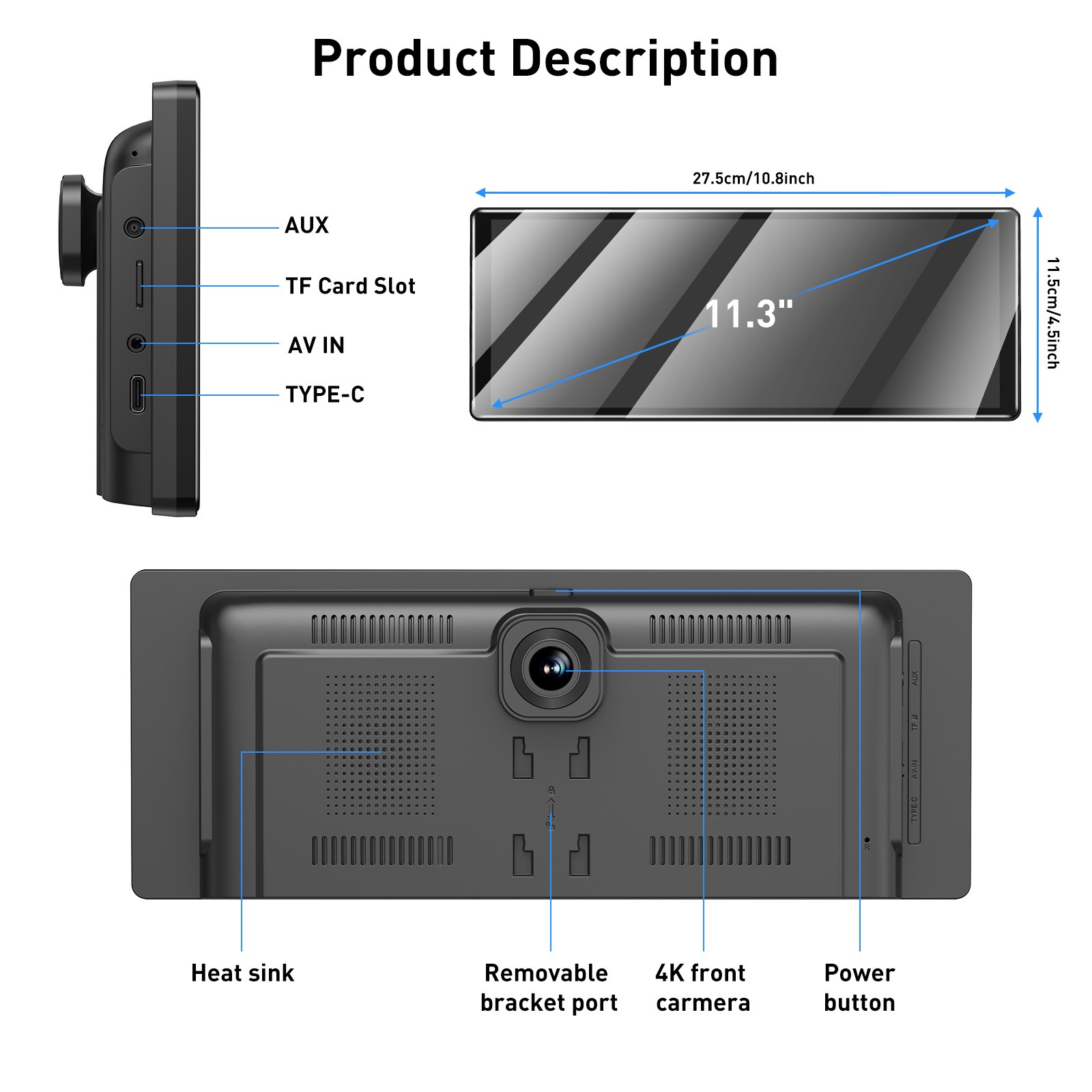 11.30" 4K Touch Screen Dash Cam Wireless Apple Carplay & Android Auto Car Stereo