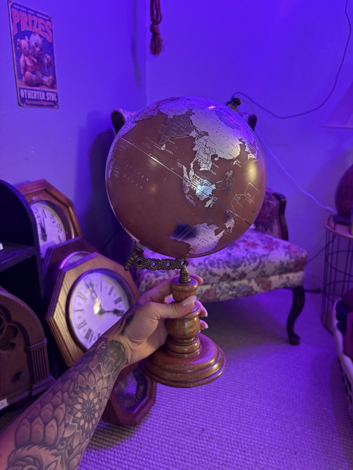 Vintage Tabletop World Globe w/ Base, Wood & Metal Stand, Brown Gold