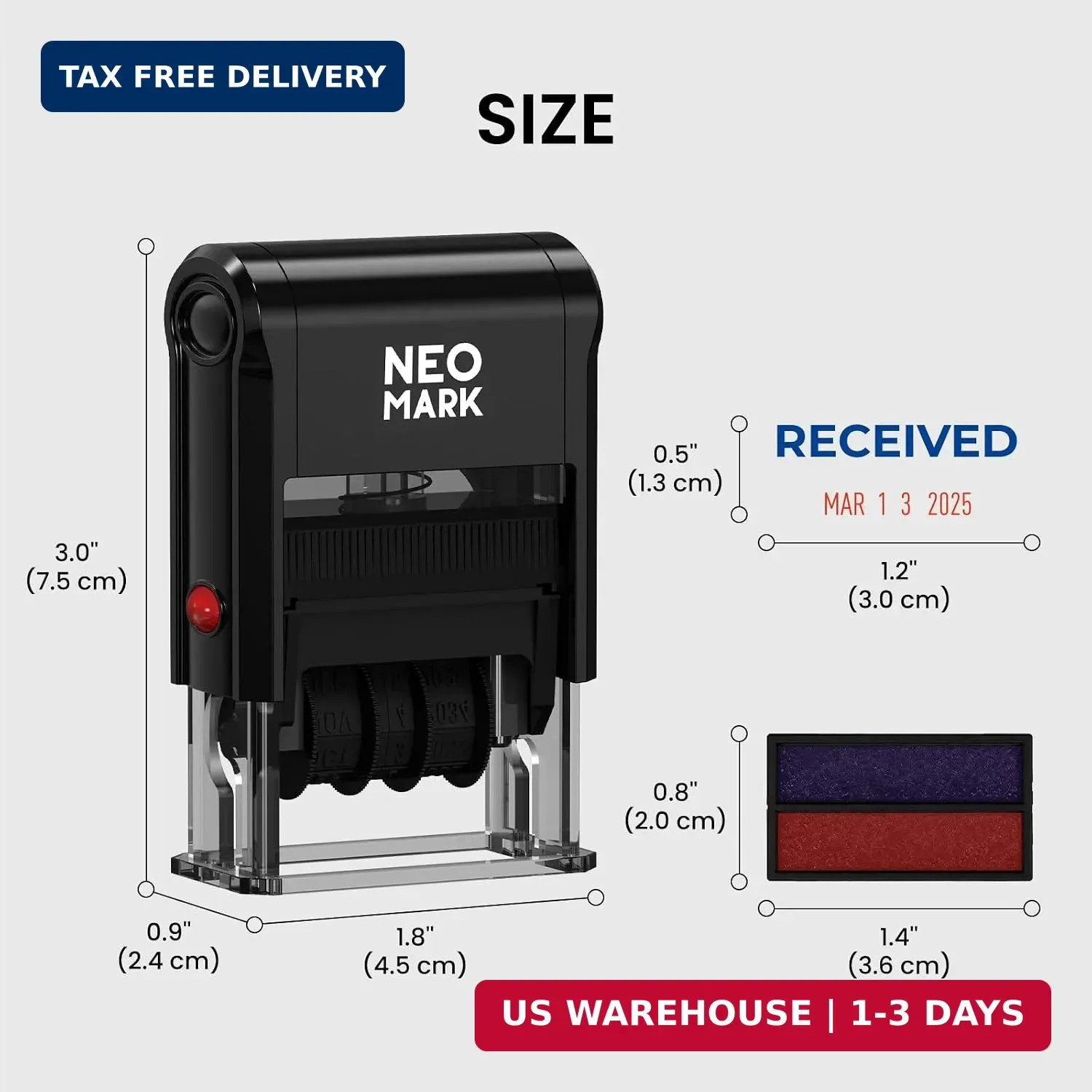Self-Inking Received Date Stamp, 12-Year Adjustable Dater | Extra Replacement Pa