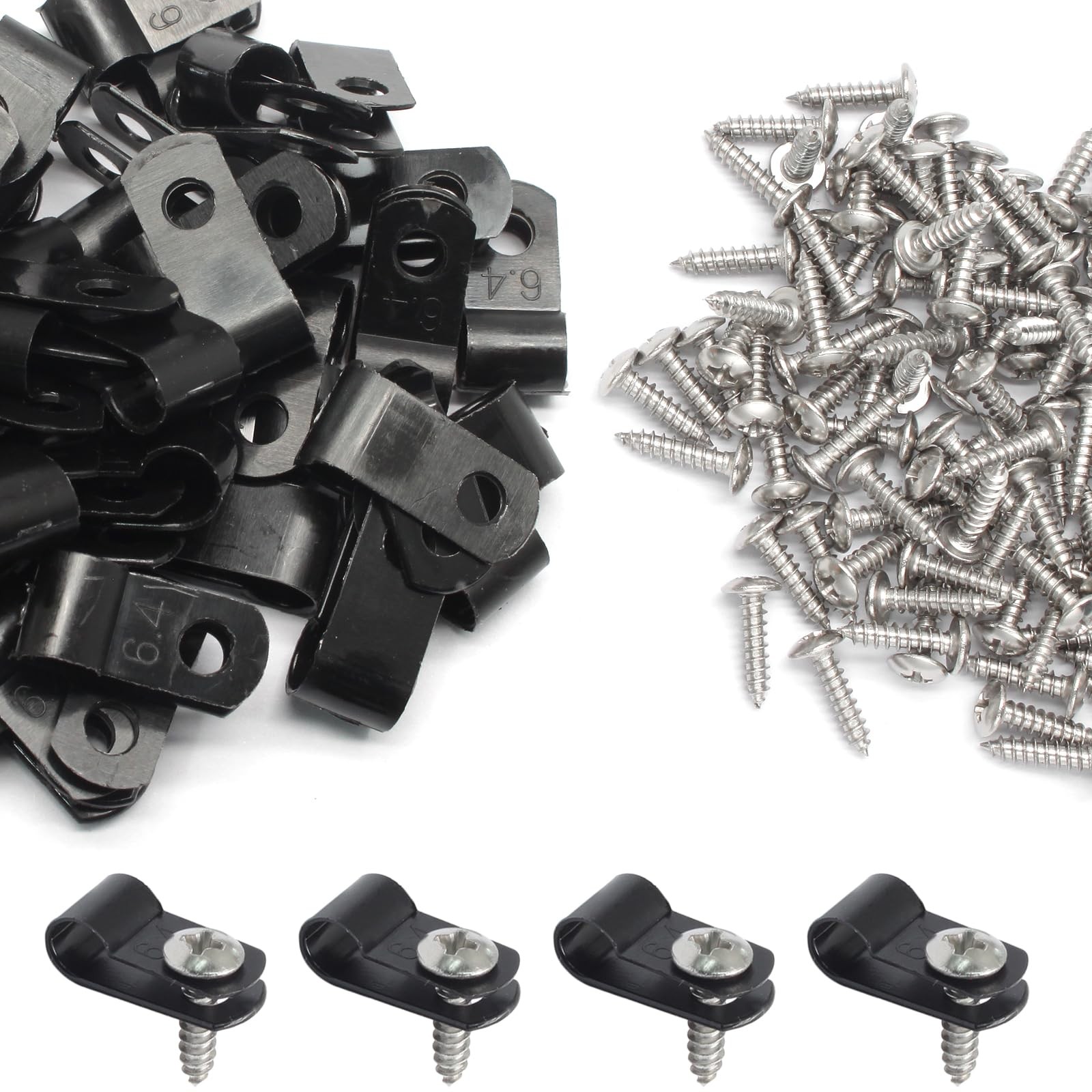 50 PCS 1/4 Inch Black Nylon Screw Mounting RType Cable Clip Wire Clamp