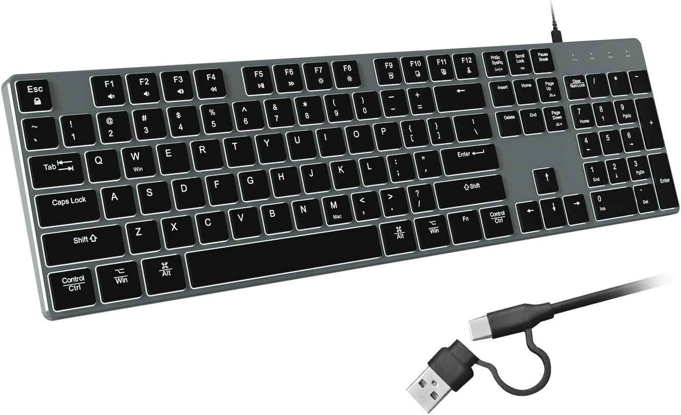Wired Backlit Keyboard for Windows/Mac,Aluminum Slim & Quiet Full Size