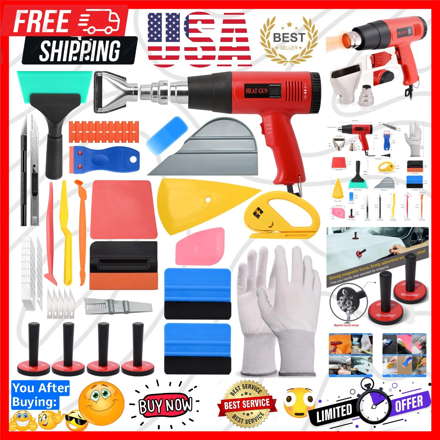 Vinyl Wrap Tool Kit with Heat Gun, Car Wrap Kit, Felt Squeegee, Tucking Squee...