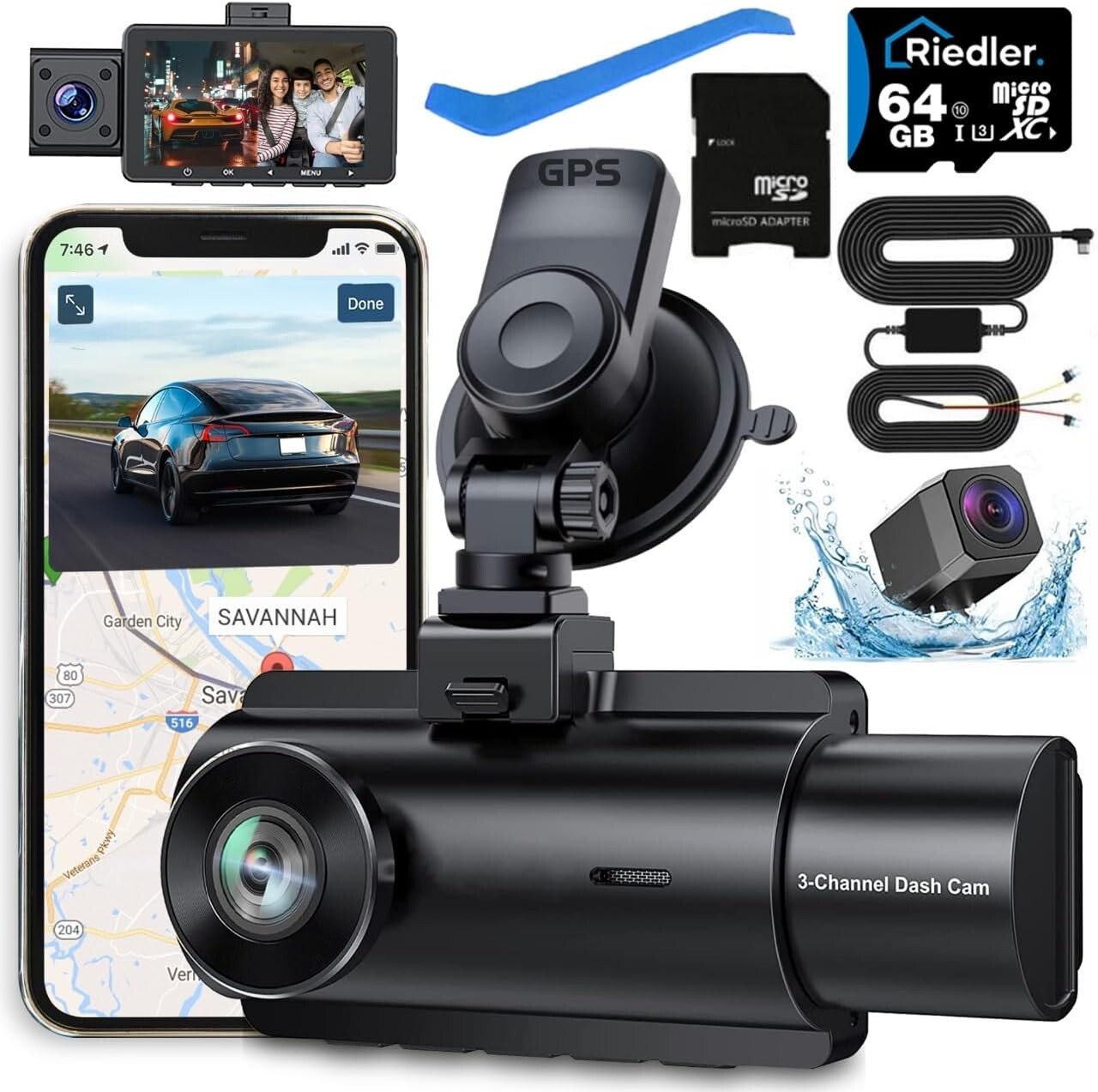 New - Riedler Dashcam 3 Channel 2k/1080p with 1080p Interior and 1080p Rear Cam