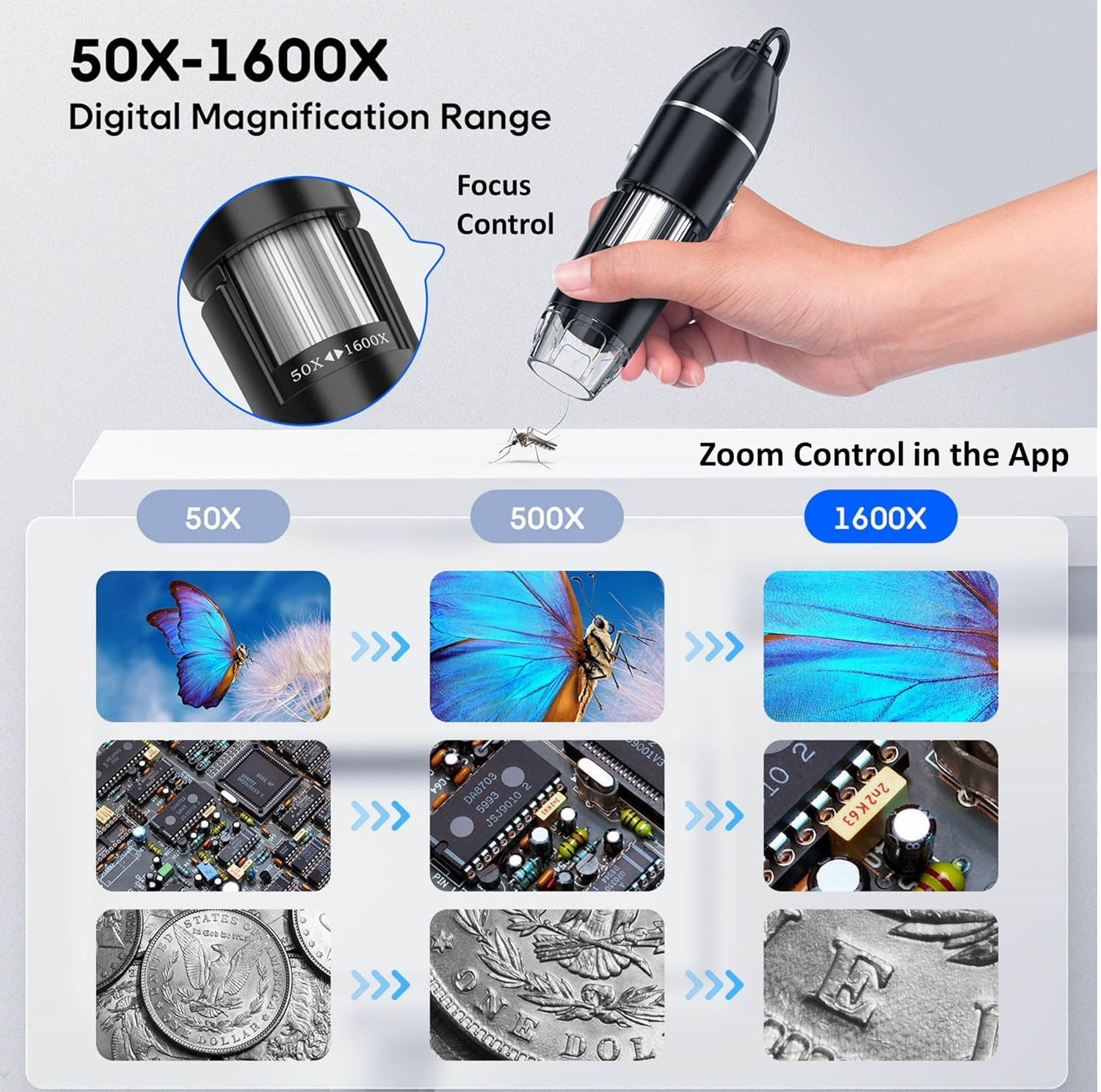 USB Digital Microscope, 50X-1600X Magnification Handheld, 1920P HD 8 LED Lights,