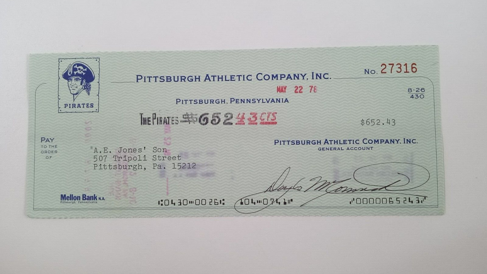 A.E. Jones' Son: 1978 Pittsburgh Pirates Expense Check