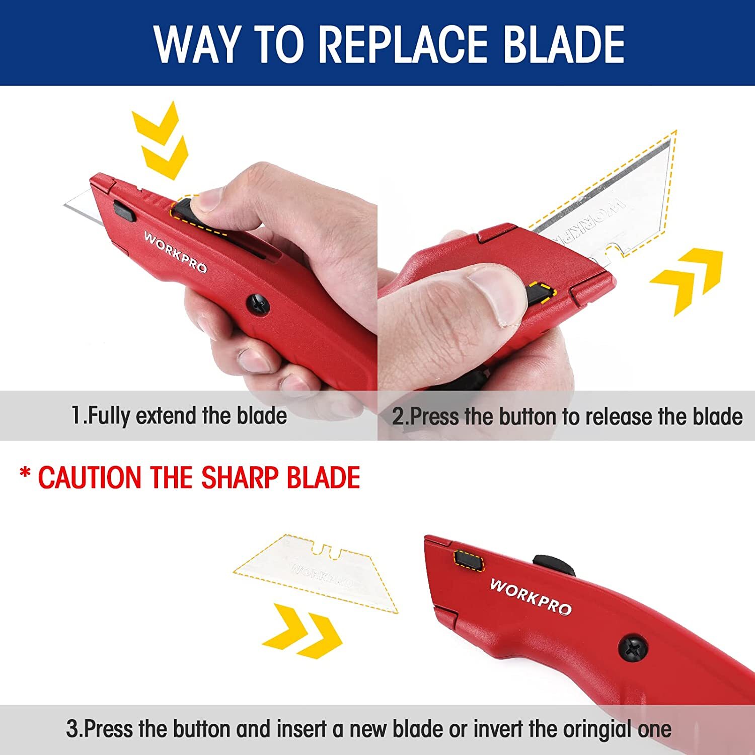 WORKPRO Premium Utility Knife w/10 Extra Blade Quick Change Blade Black/Blue/Red
