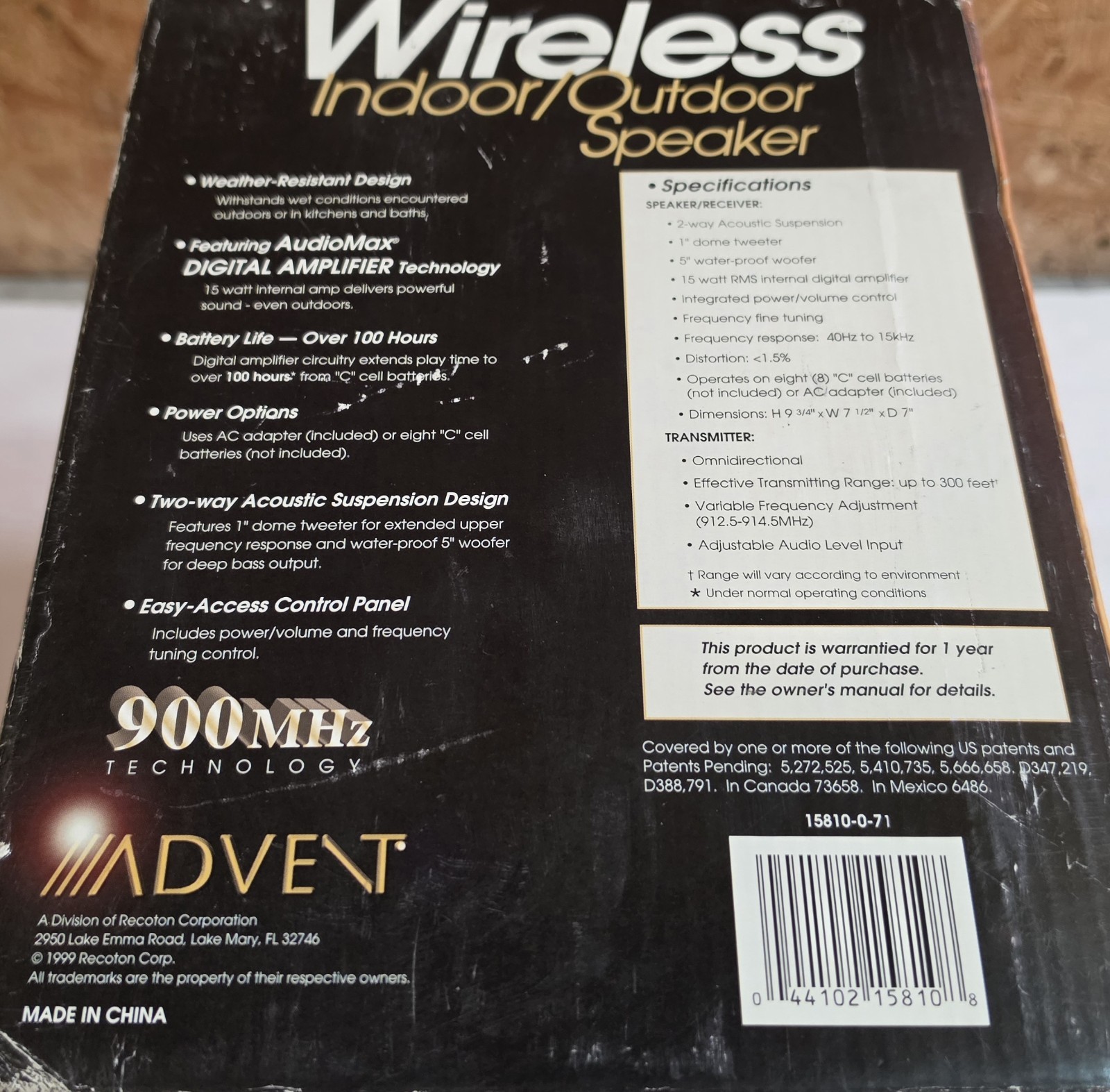 ADVENT ~ MODEL # AW810 ~ WIRELESS INDOOR / OUTDOOR SPEAKER NEW