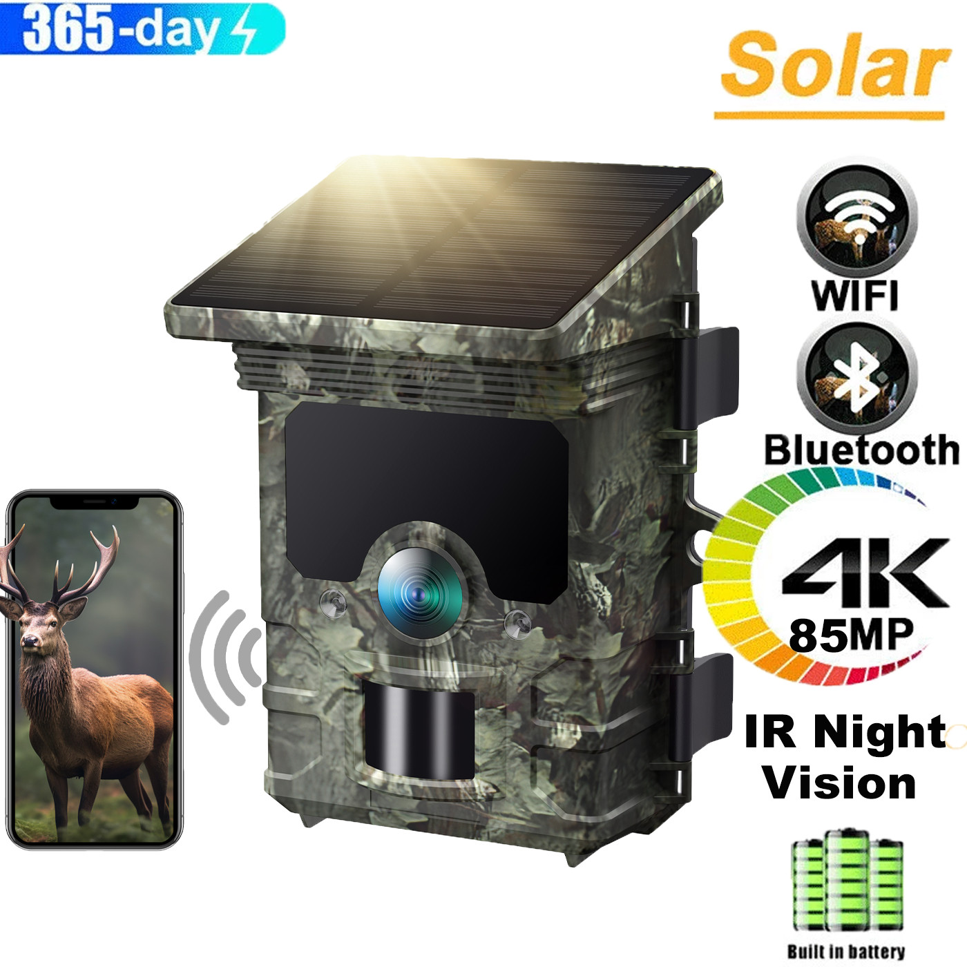 Solar 4K WiFi Trail Cam Hunting Camera 85MP Wildlife Outdoor Night Vision IP66