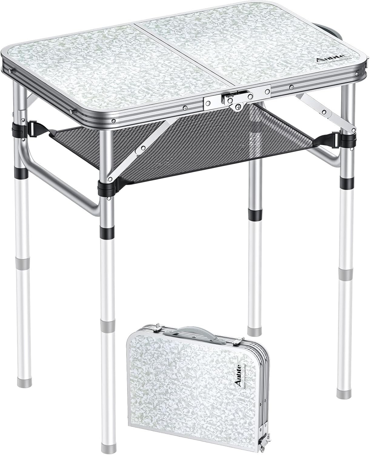 2ft Camping Table Foldable W/ Storage Net 3 Adjustable Heights Aluminum Small