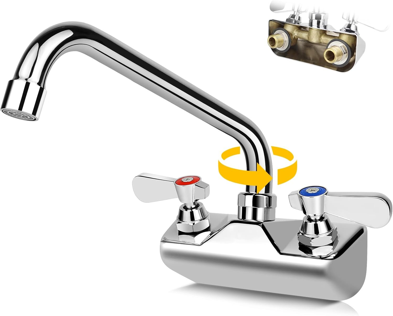 Wall Mount Commercial Hand Sink Faucet 4" Center 10" 360°Swivel Spout | Solid Br