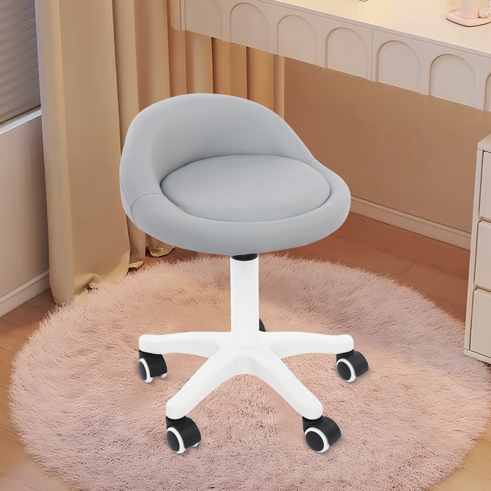 Adjustable Salon Stool 360° Swivel Low Back Gray PU Seat 14.6–19.7 in