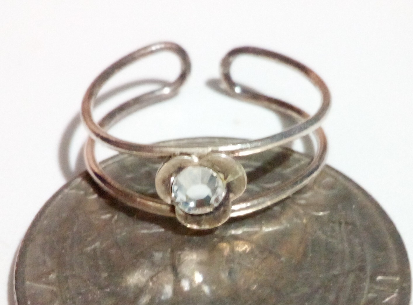 Vintage Silver White Rhinestone Flower Toe Ring Clip Unmarked Tested Silver