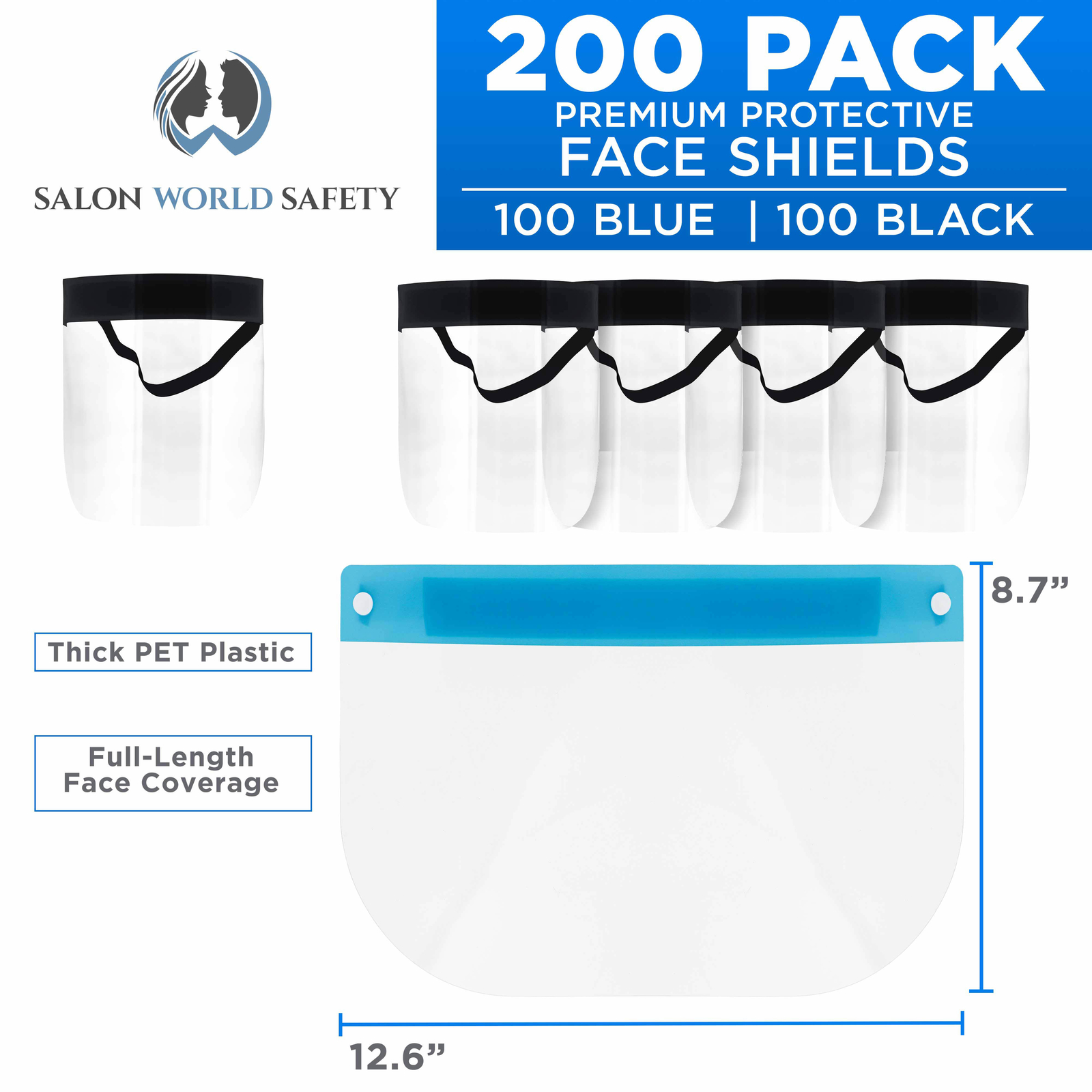 100 Black & 100 Blue Face Shields Clear Protective Full Face Shields, Anti-Fog