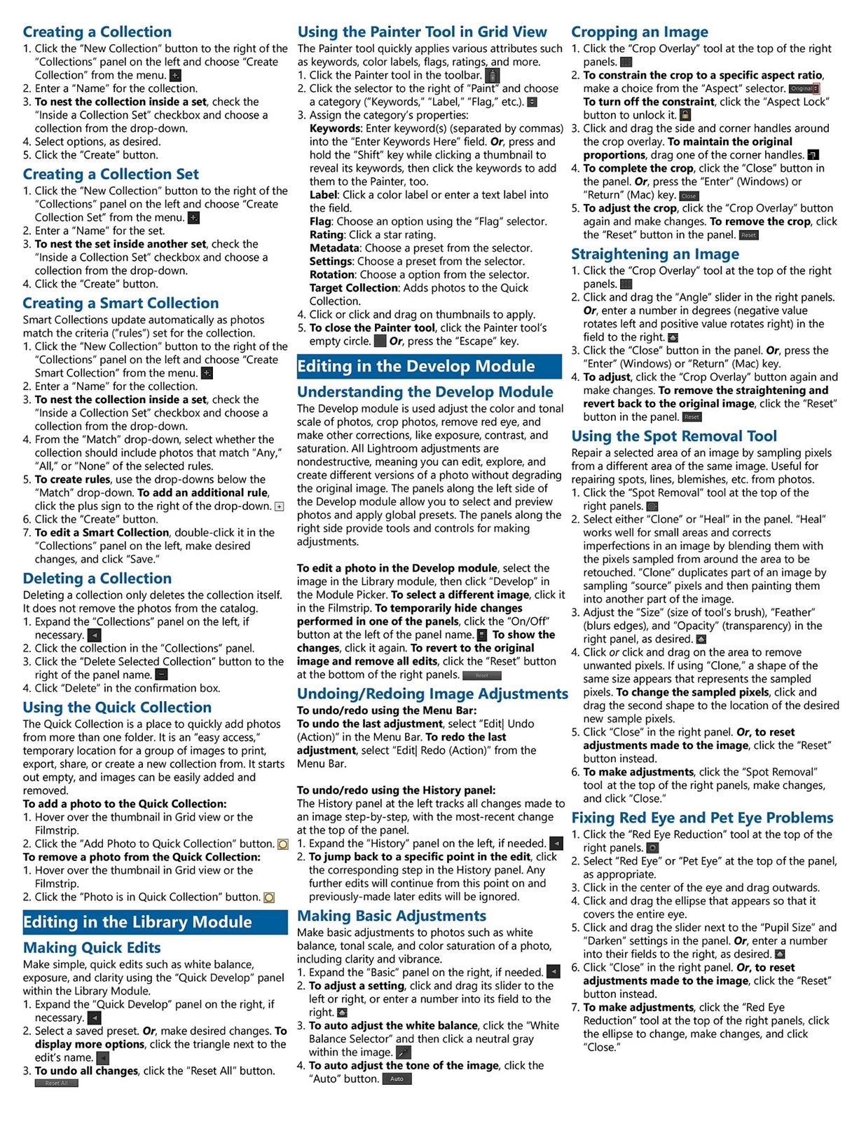 Lightroom Classic CC 2018 Training Guide Quick Reference Card 4 Page Cheat Sheet