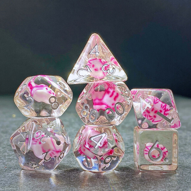 Sage's Familiars - Kitty Treats Resin Pink Polyhedral Dice Set | RPG DND TTRPG
