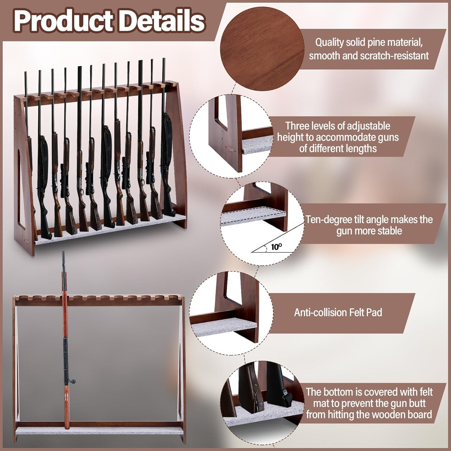 Indoor Gun Racks Floor Standing Rifle Rack Wooden Freestanding Vertical Shotgun