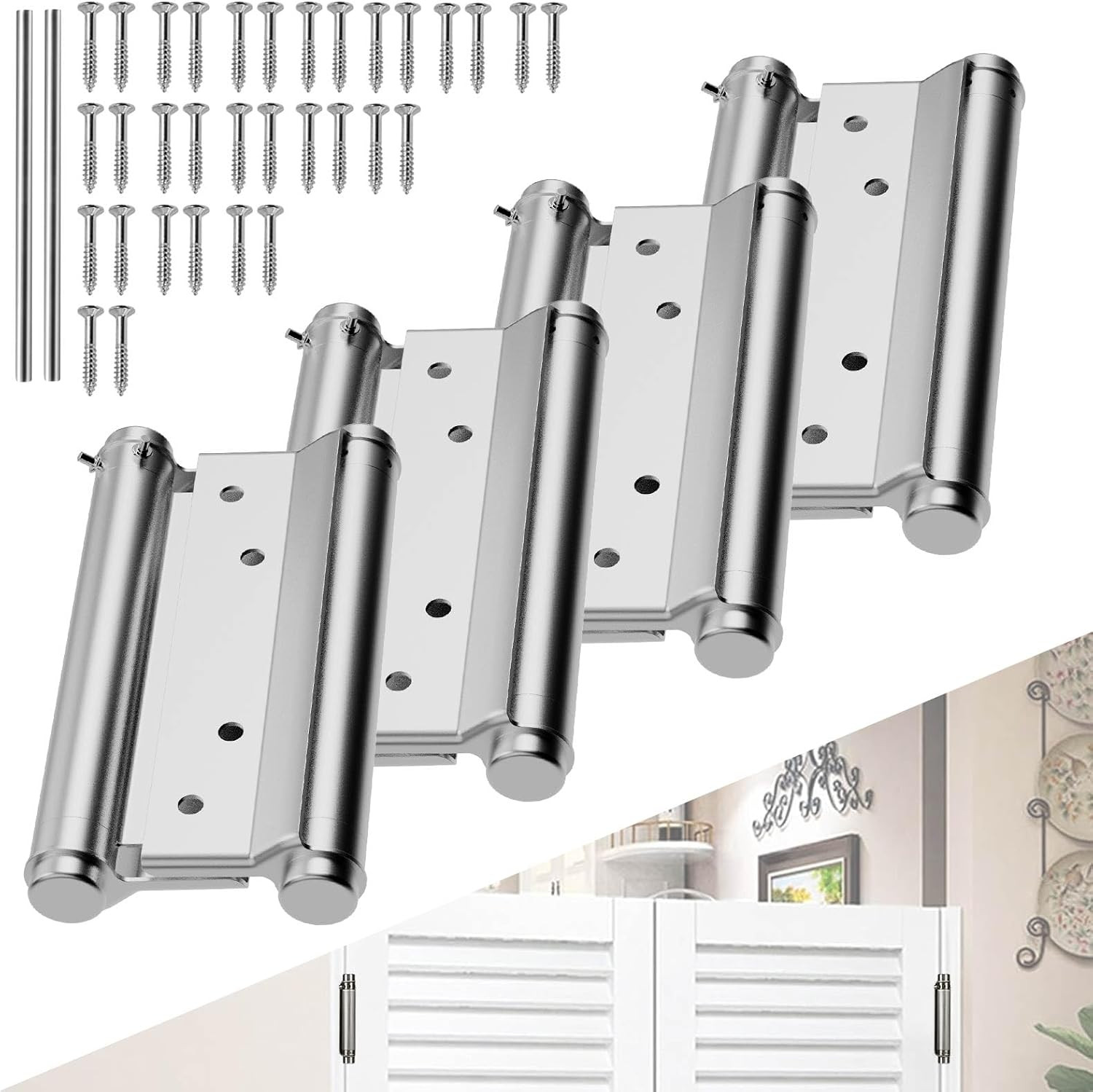6" Stainless Steel Double Action Spring Hinges for Cafe & Salon Doors (4-Pack)
