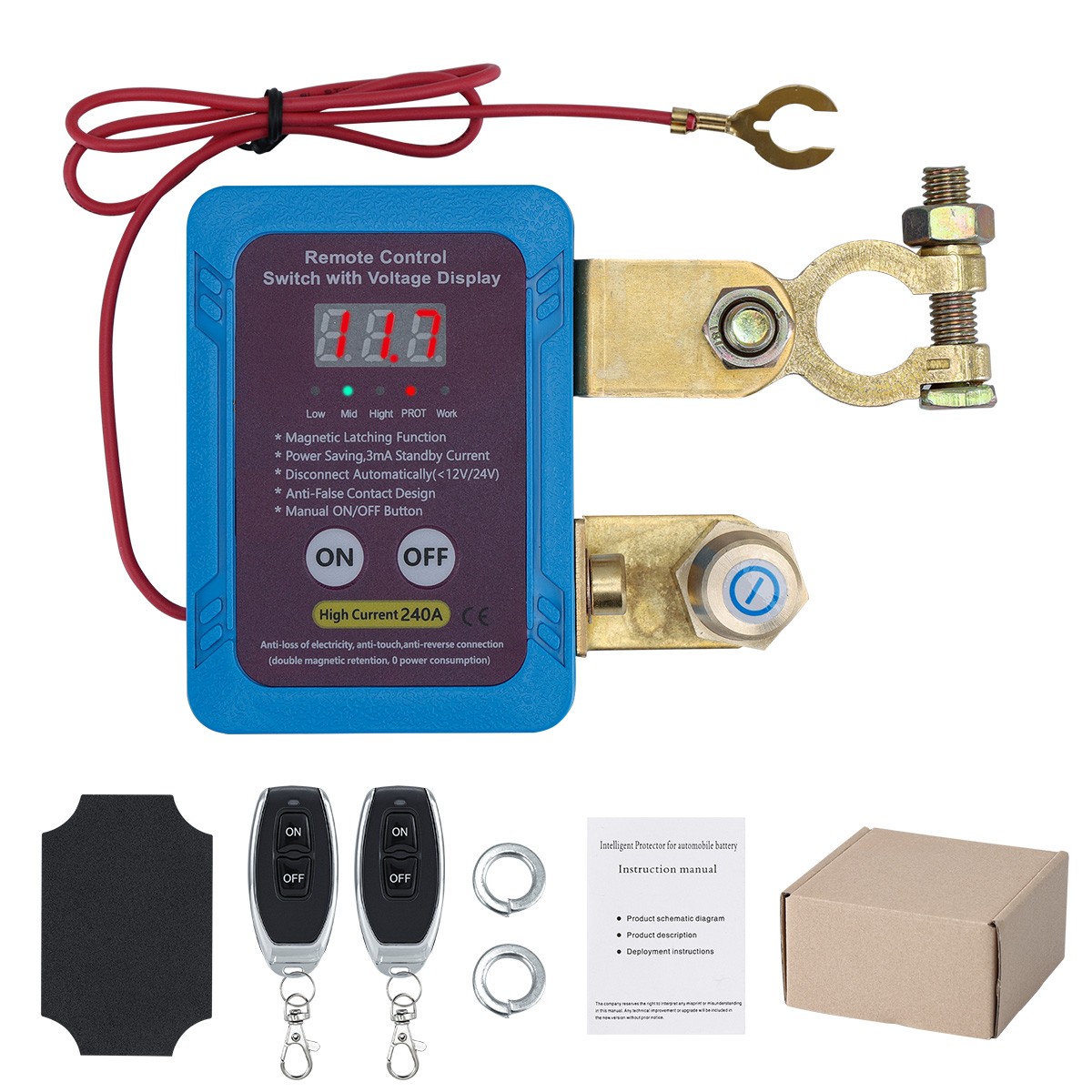 12V 240A Remote Battery Disconnect Switch Car Kill Switch w/LED Voltage Display