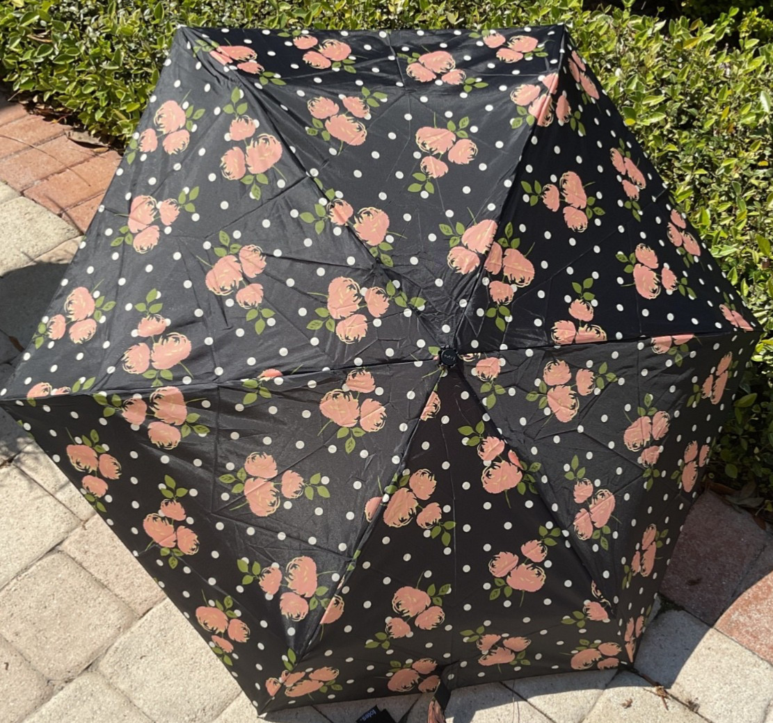 TOTES WOMEN'S UMBRELLA MINI BLACK FLORAL DOTS 6 inches MANUAL OPEN CLOSE NWT