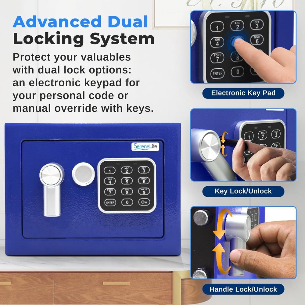 SereneLife Compact Electronic Safe Box w/ Digital Touch Pad w/ Keys (Blue)