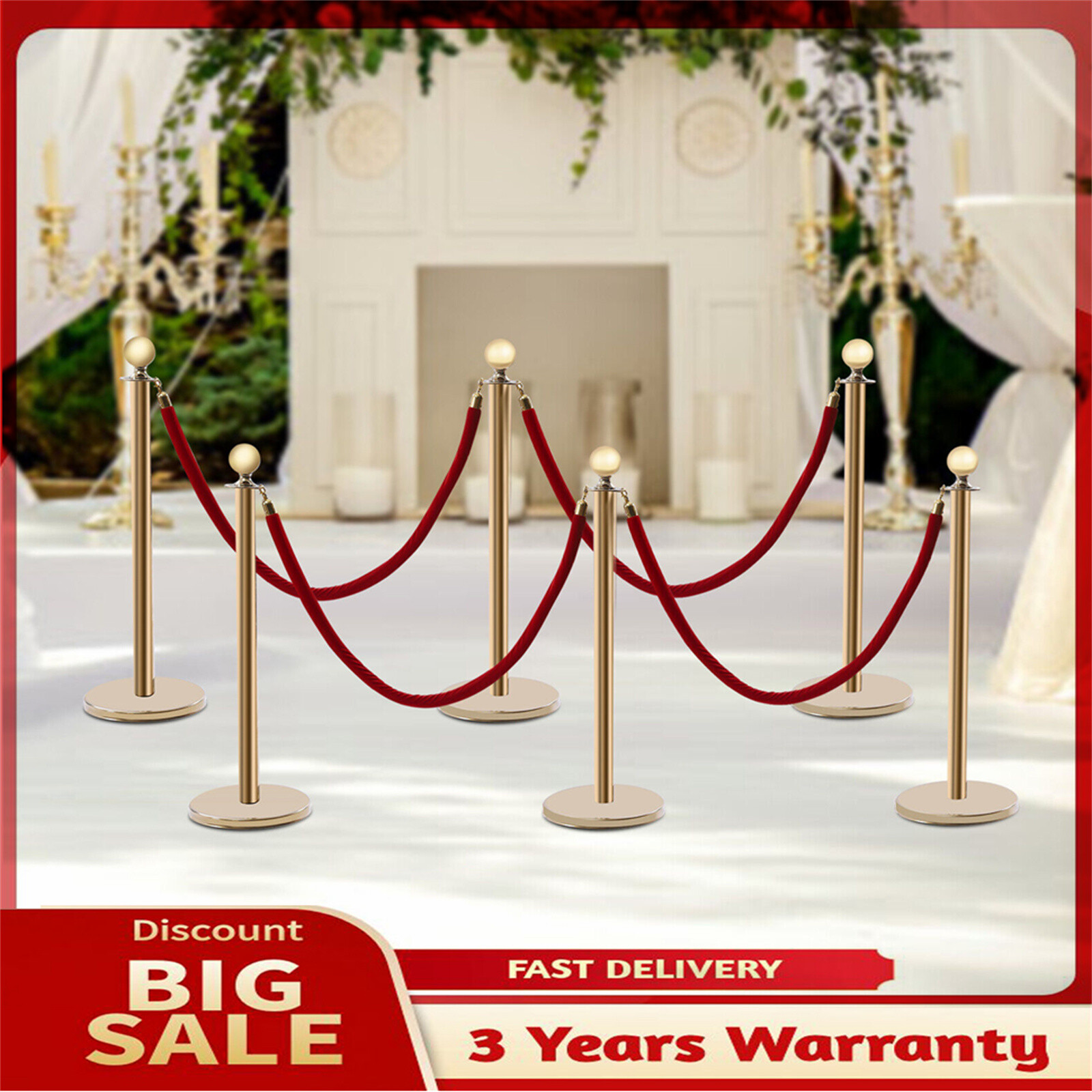 6 Pcs Red Velvet Rope +Gold Stanchion Post Set Crowd Control Queue Pole Barrier