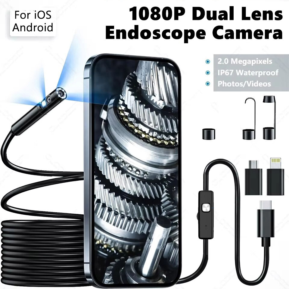 Dual Lens Oil/Waterproof Endoscope Borescope Inspect Cam iPhone Android Car Moto