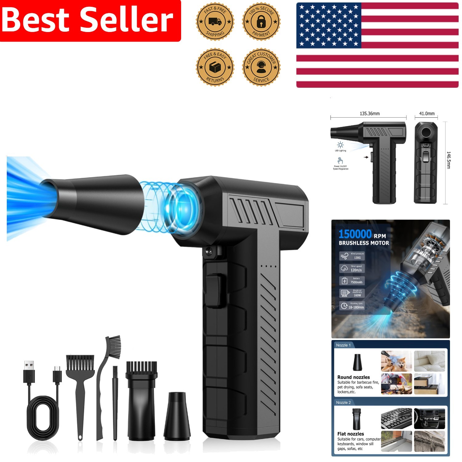 Electric Air Duster 150000RPM Cordless Rechargeable Blower PC Keyboard Car Cl...