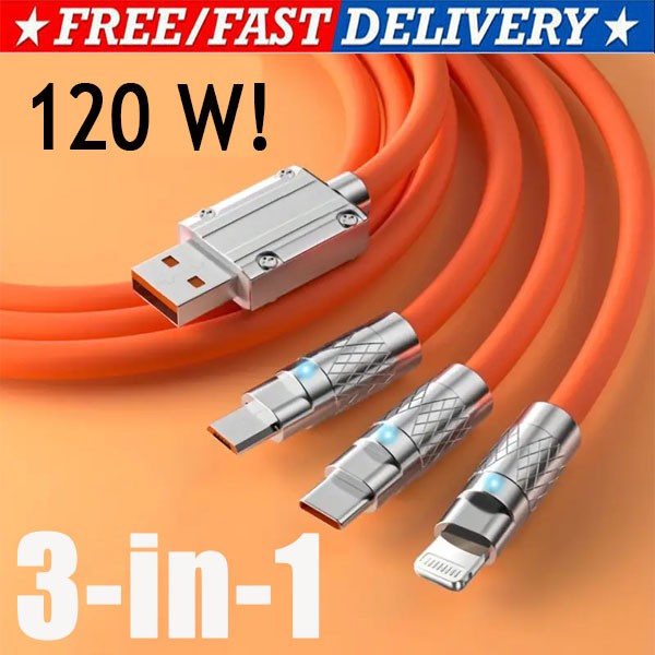 3 in 1 Max 120W 6.0 FT Fast Charging Cable USB Universal Cell Phone Charger Cord