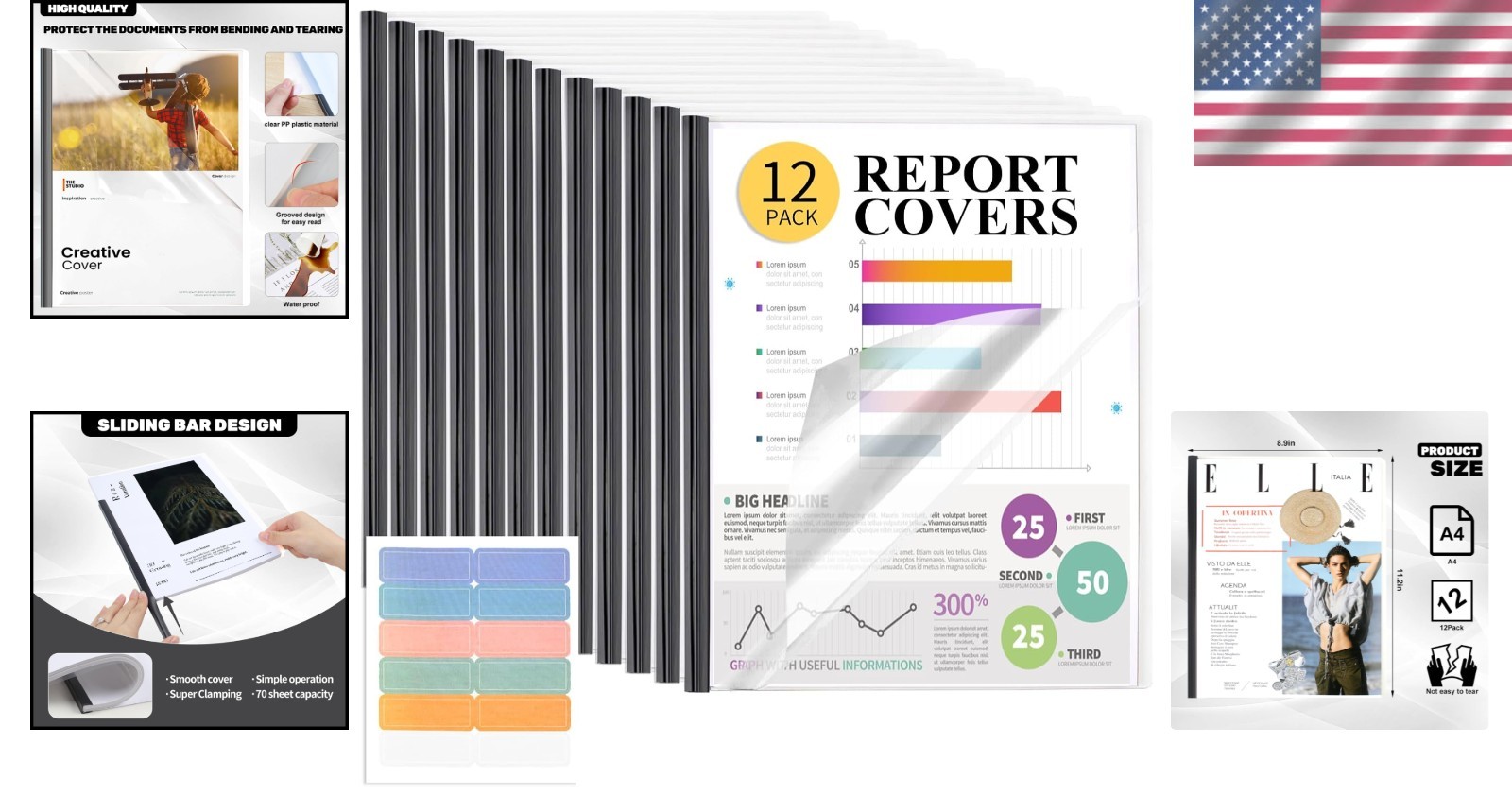 Professional Clear Report Covers - 12 Pack with Labeling Stickers and 70 Sheets
