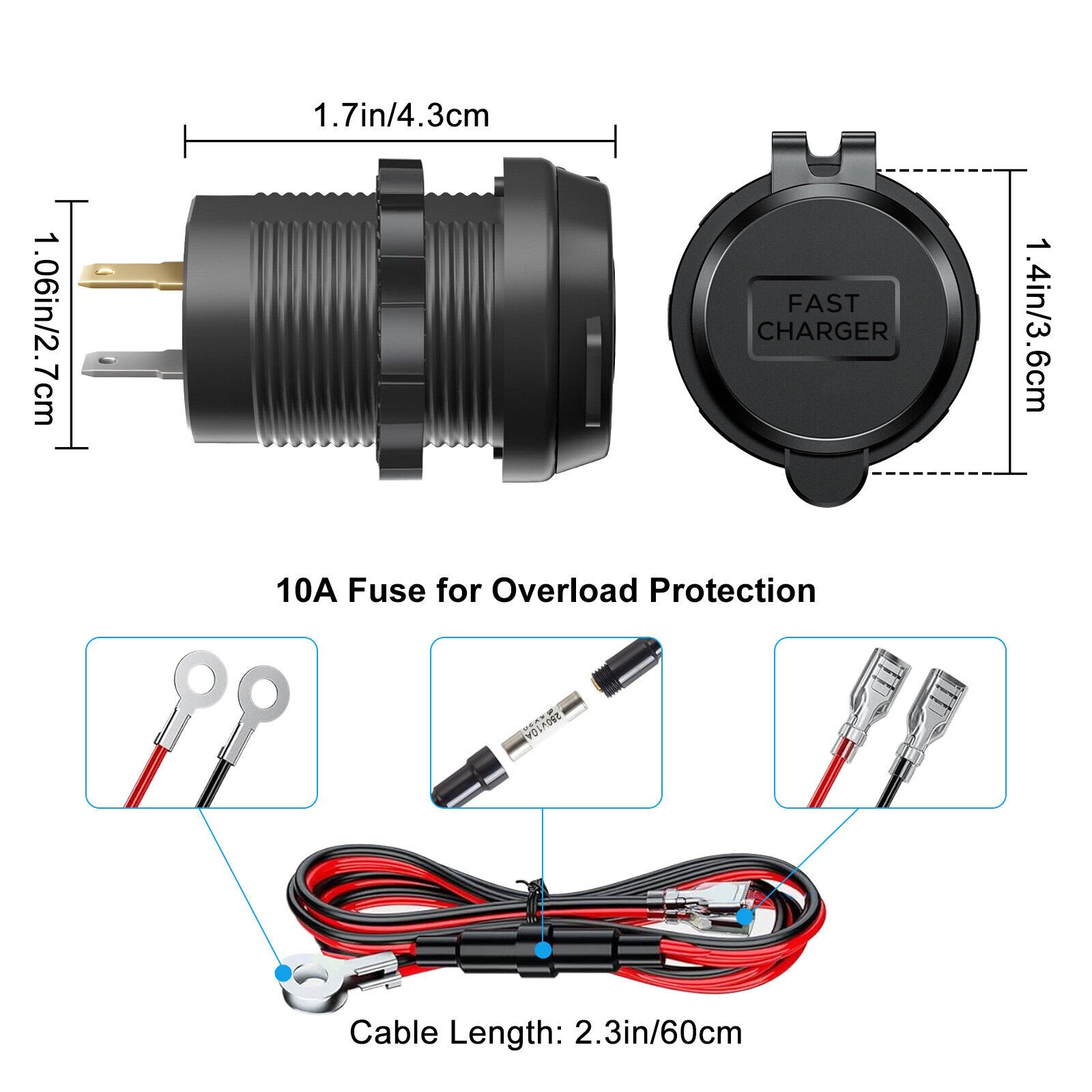 Dual PD+QC 3.0 USB Port Car Cigarette Lighter Socket Plug LED Indicator Black