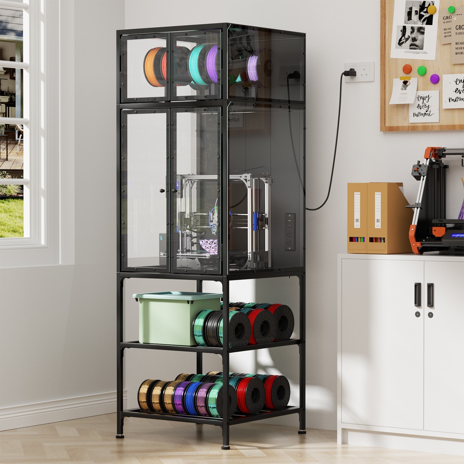 3D Printer Cabinet, Dual-Layer Filament Rack, T-Bar, Noise-Reducing