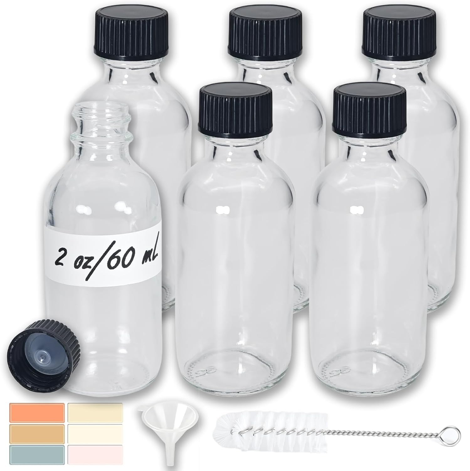 2 oz Glass Bottles 6 Pack Clear Leak Proof Travel Bottles with Labels