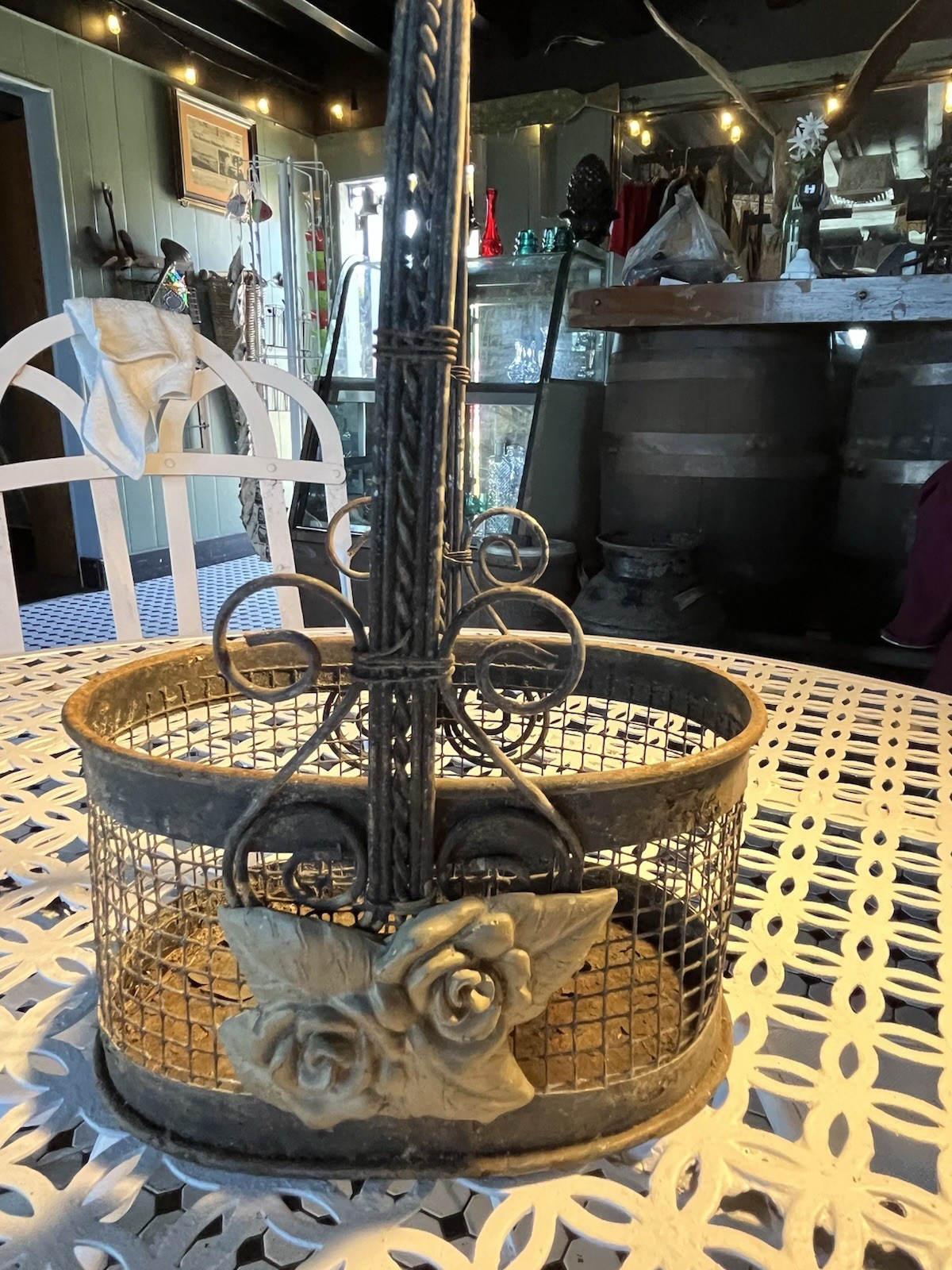 Antique Style Oval Brown Metal Decorative Basket with Handle