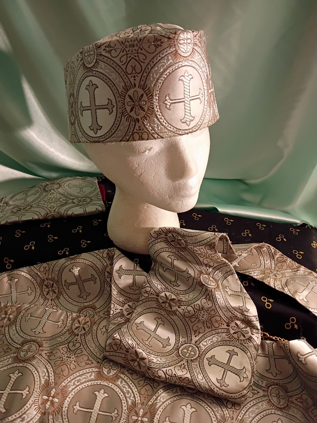 African Culture Clergy Brocade Shawl W/ Chain And Fringe, Fez Crown And Square.