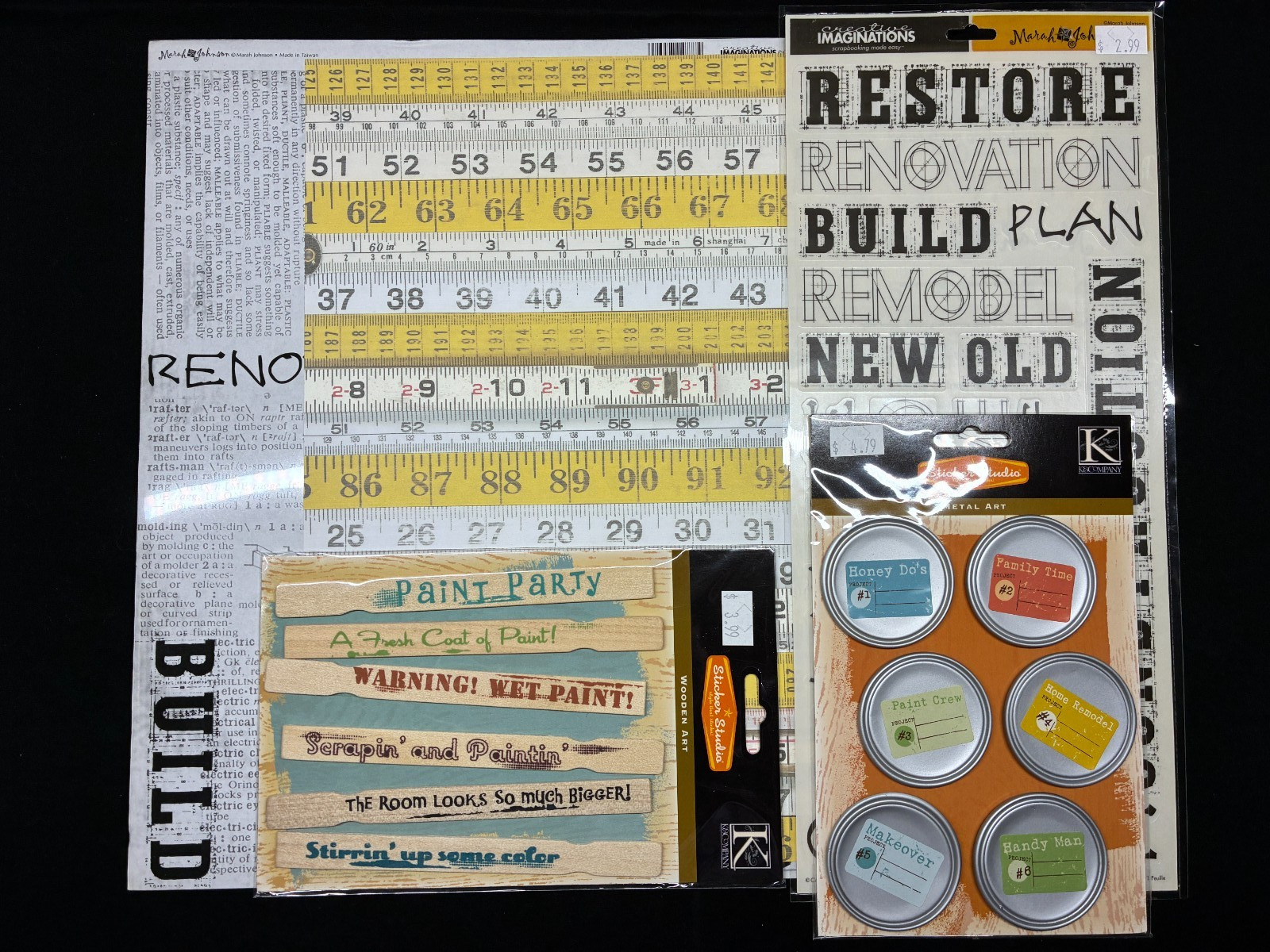 ASSORTED "RENOVATION/CONSTRUCTION" 12x12 SS PAPERS, TRANSPARENCIES & EMBELLISHME