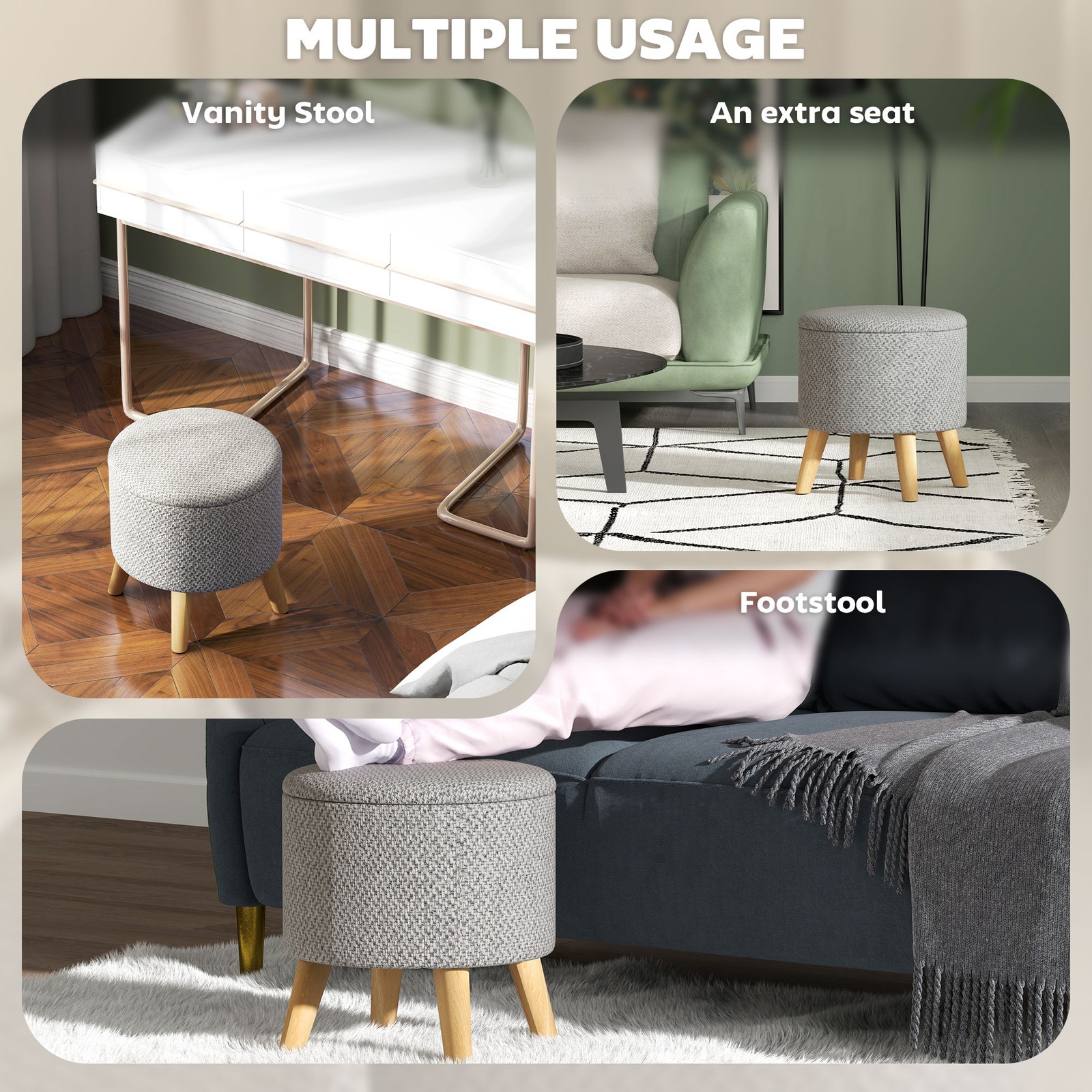 Storage Ottoman, Round Stool Chair with Cushioned Top, Light Gray