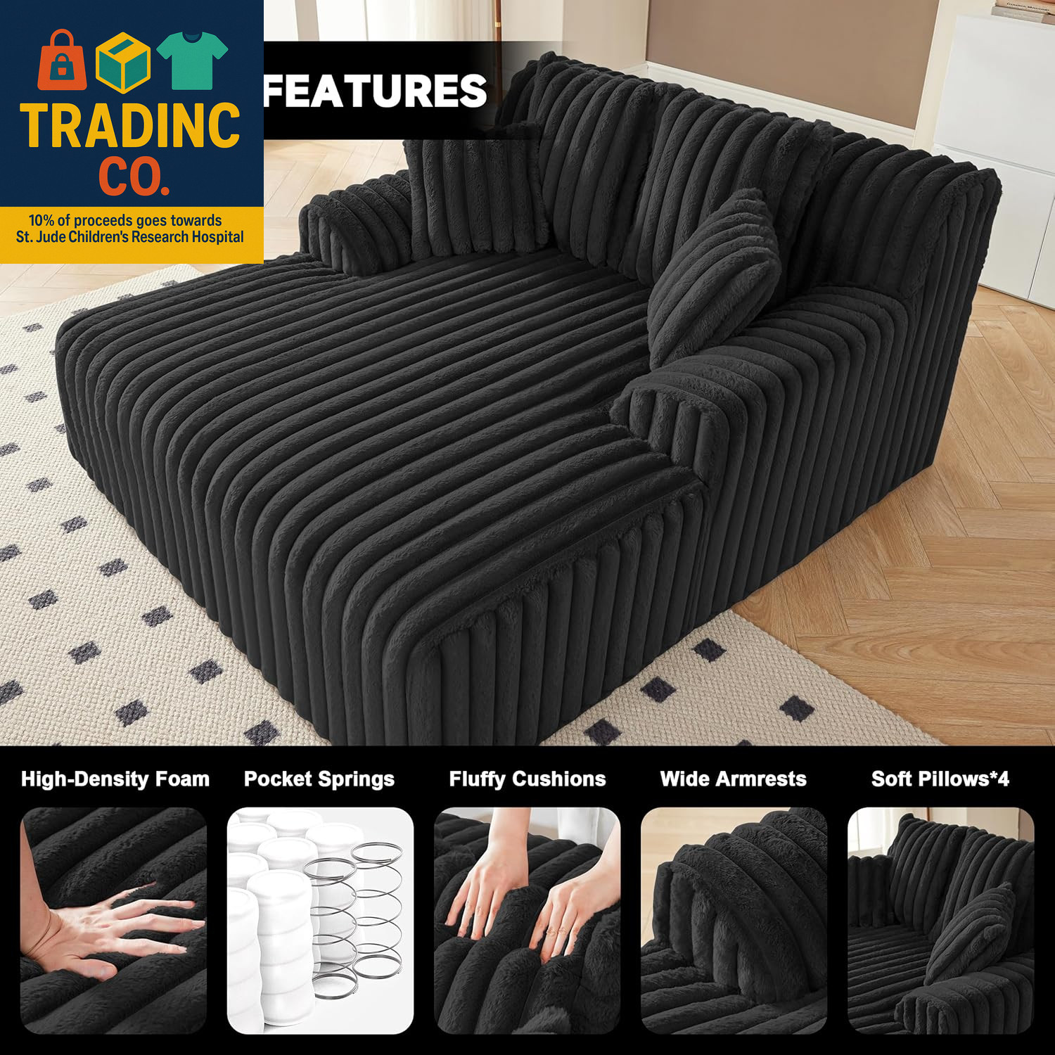 53.5”W Oversized Chaise Lounge Chair Indoor, Boneless Couch with 4 Pillows, Cozy