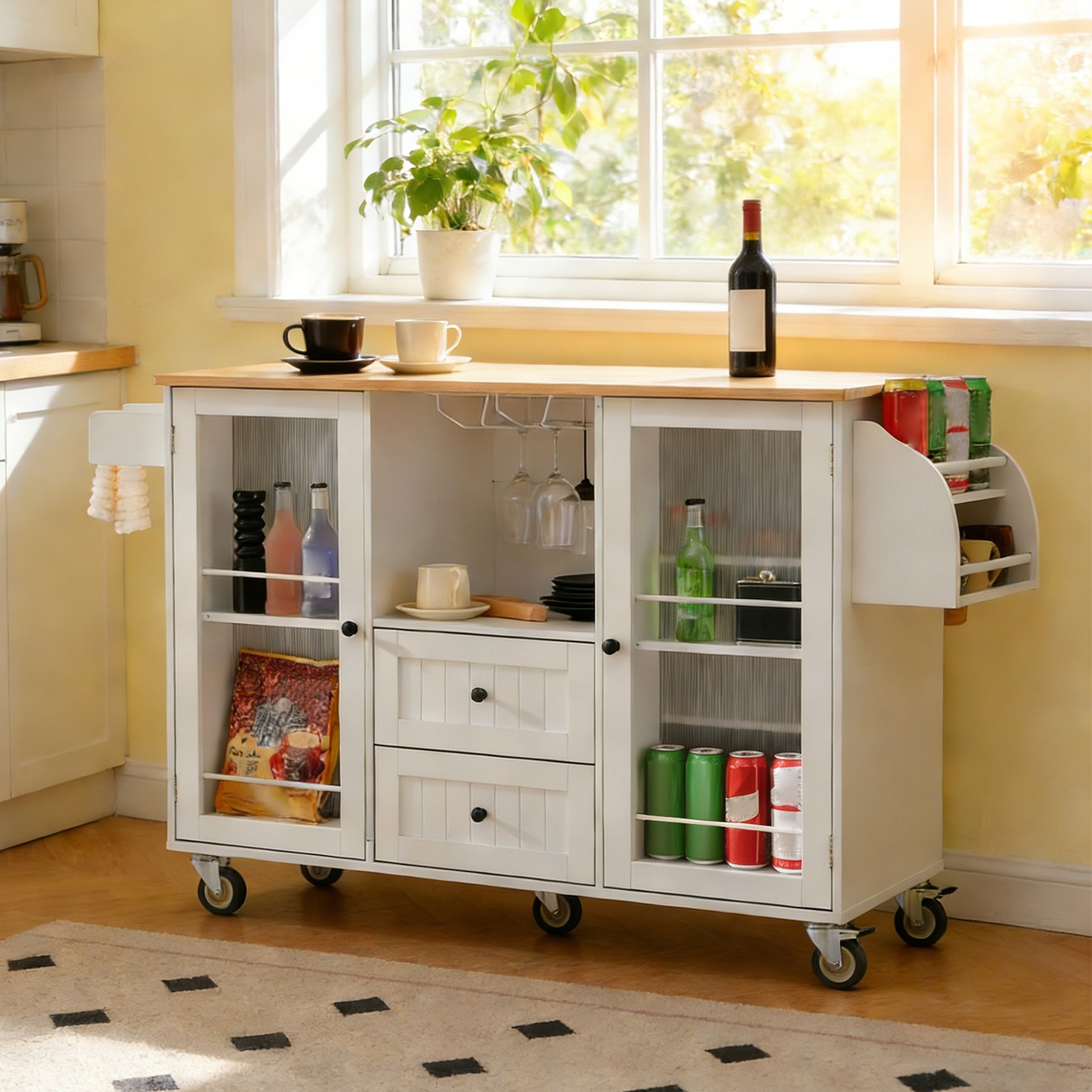 Kitchen Island Cart Rolling On Wheels with 13 Storage Areas Drop Leaf Bar
