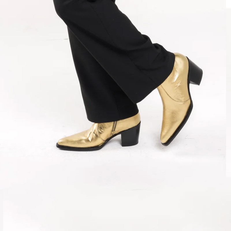 Mens Gold Real Leather Pointed Toe Side Zip Ankle Boots Shoes Party Boots 46